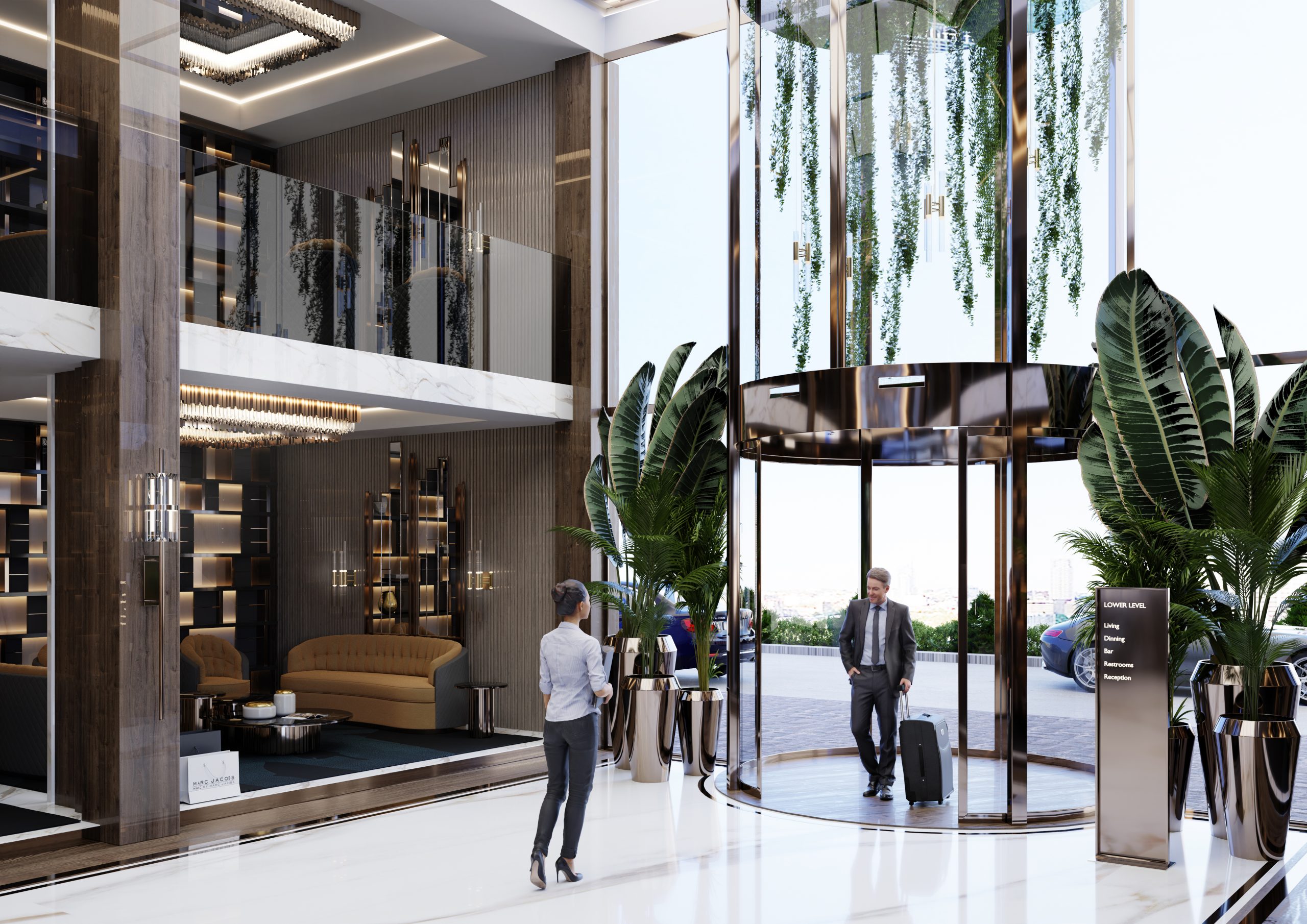 hotel building, luxurious interior, modern hotel lobby