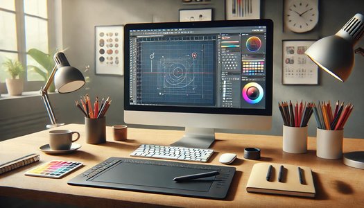 illustrator design workspace with physical screens and art tools