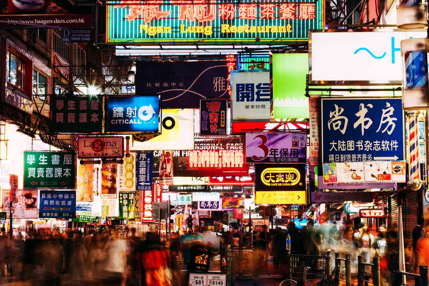 scenic view of bustling city street with language signs