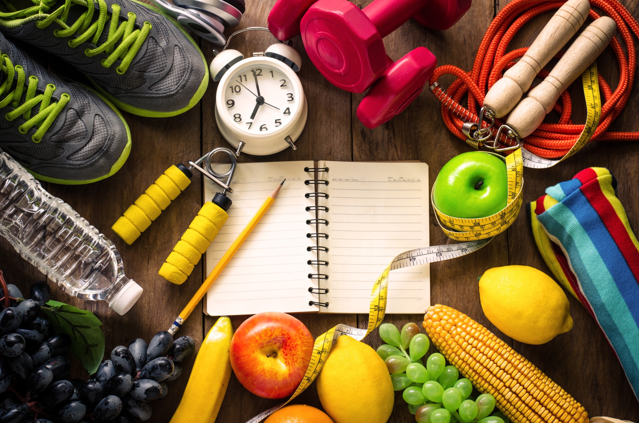 healthy foods and exercise equipment