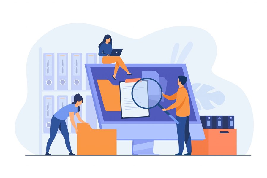 Office workers organizing data in a structured storage system