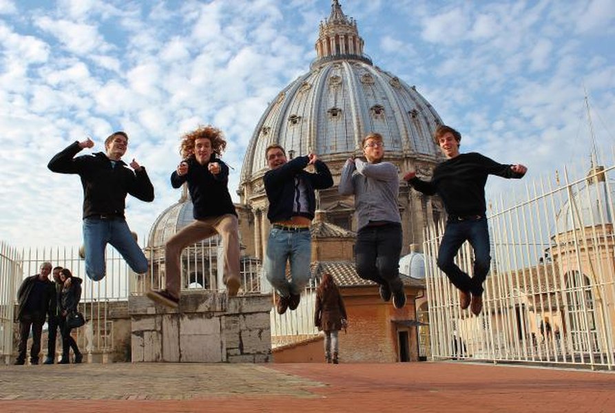 Italian school building with diverse students