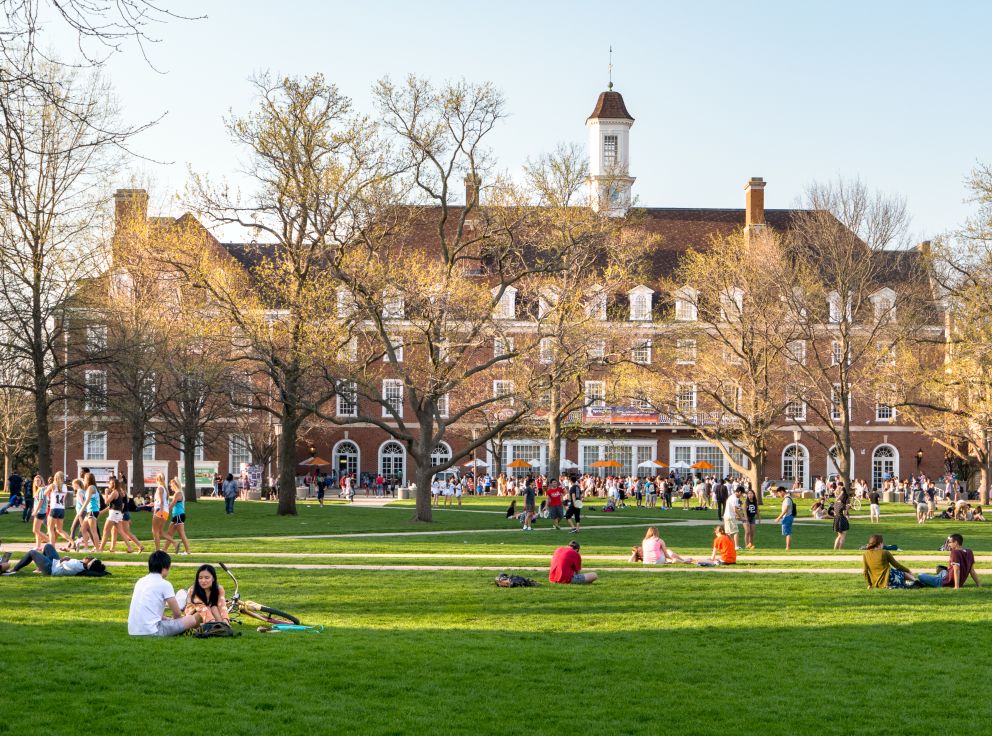 university campus building and students