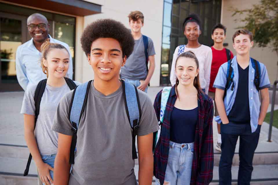 diverse campus building and students