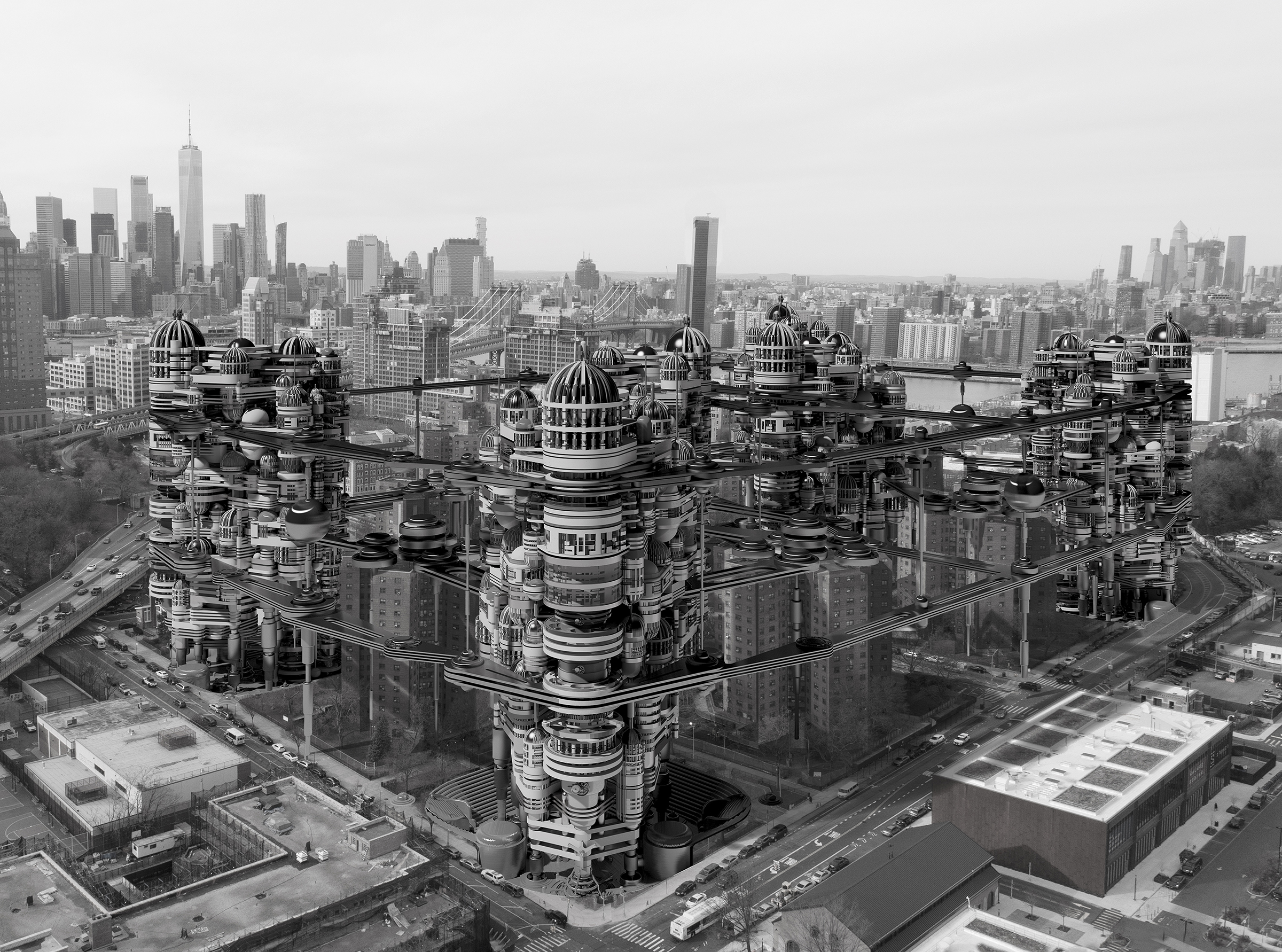 industrial machinery and urban skyline