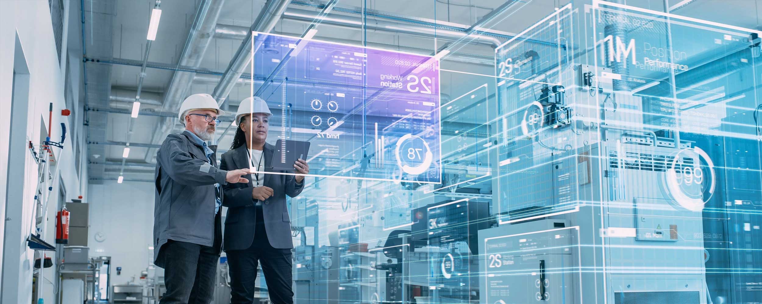 modern manufacturing facility with digital screens