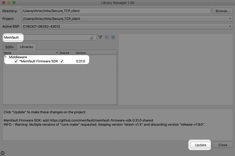 ModusToolbox Library Manager interface