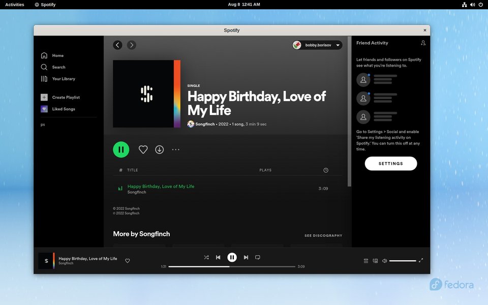 Spotify running on a Fedora Linux desktop