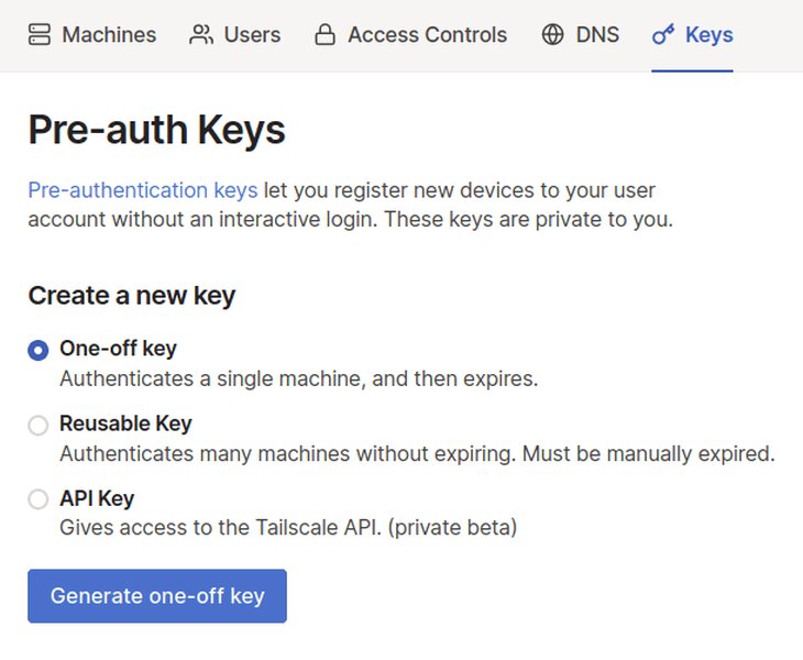 Tailscale admin console showing an authentication key