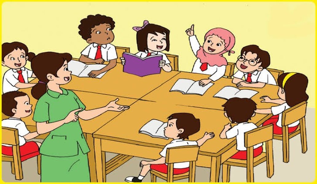 Guru dan siswa berinteraksi dalam pembelajaran tematik