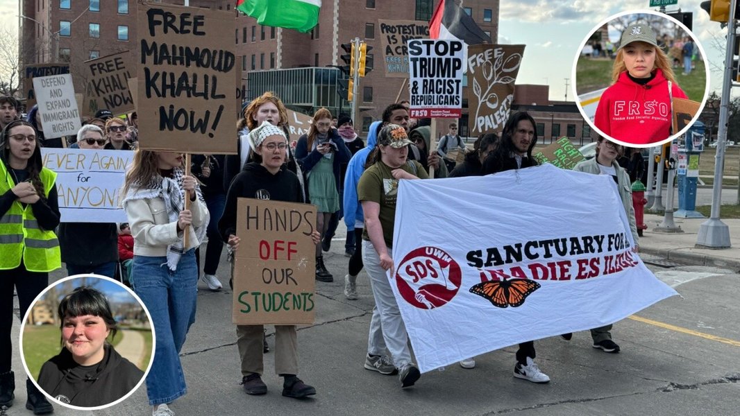 Protesters holding signs about international student rights.