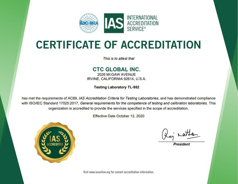 An ISO/IEC 17025 accreditation certificate, signifying compliance and recognition.