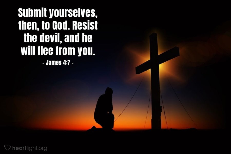 Image depicting a hand pushing away a demonic figure with text from James 4:7, 'Submit yourselves, then, to God. Resist the devil, and he will flee from you.'