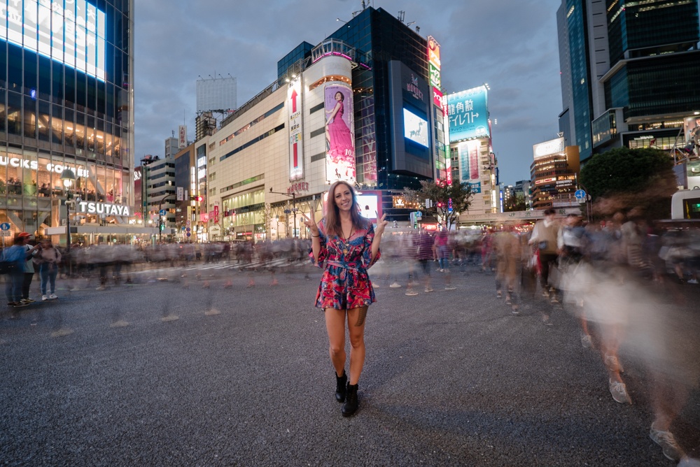 Japanese cityscape with luggage and seasonal fashion