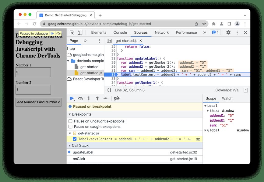 Code execution paused at a breakpoint in Chrome DevTools
