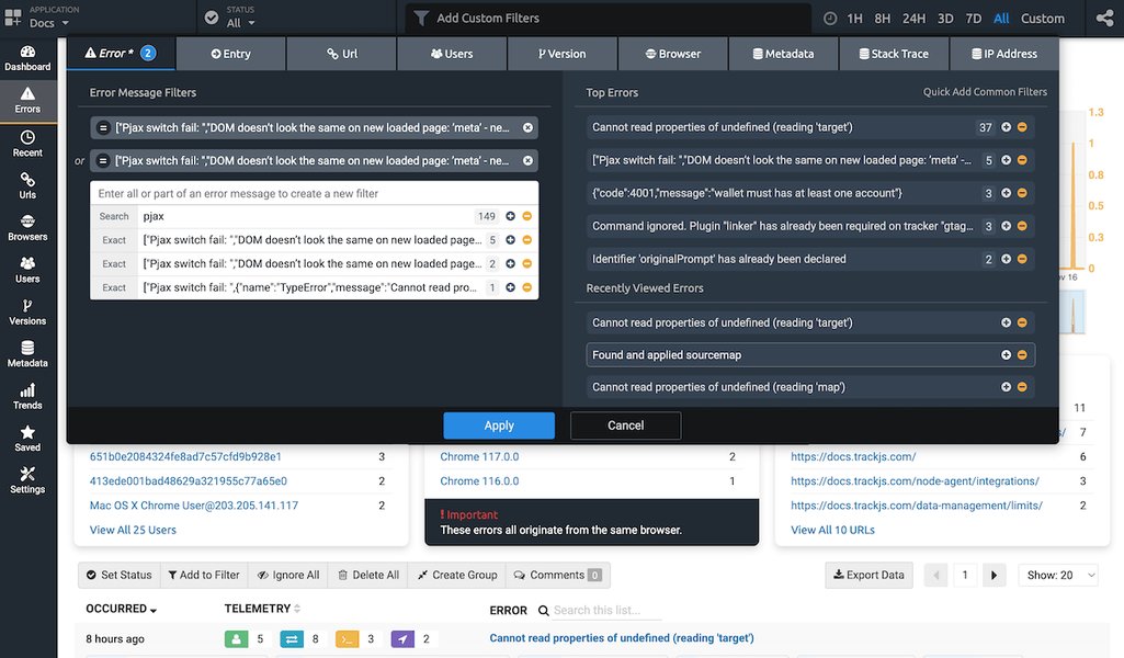 Interface of TrackJS error monitoring tool showing filters