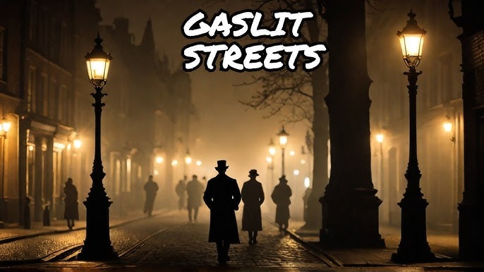 Victorian London street, fog, gaslight ambiance
