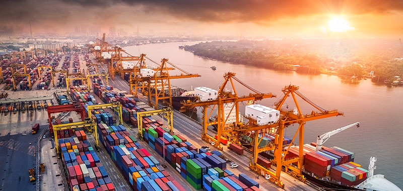 busy port with ships, infrastructure, maritime activities