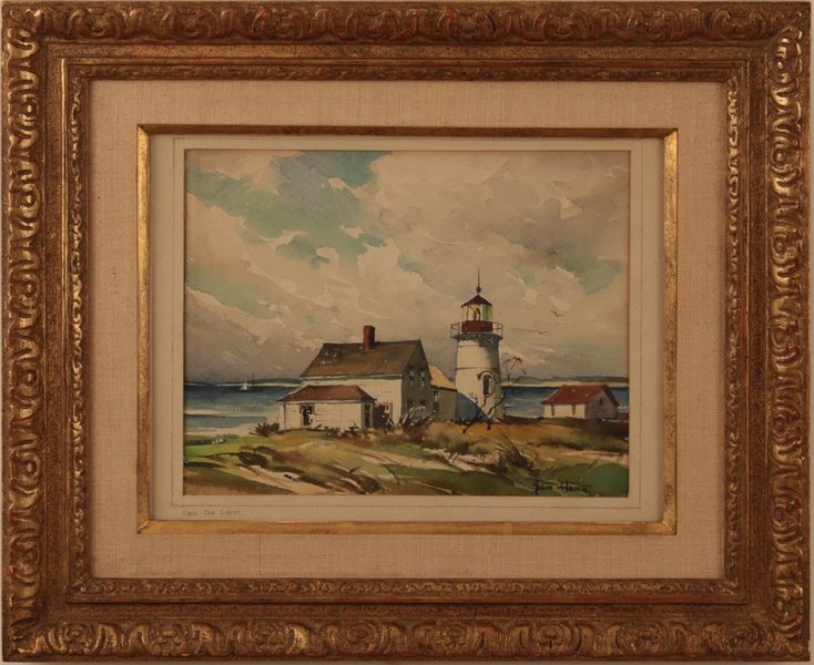 A watercolor painting by John Cuthbert Hare depicting a lighthouse on Cape Cod, with a distinct artistic style.