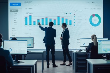 modern office with digital screens showing data analytics