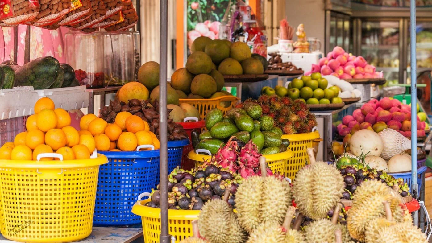 group of exotic fruits in market atmosphere