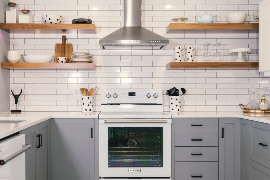 floating shelves in kitchen above oven