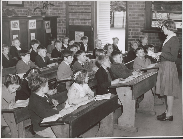 classroom, teacher, vintage school building