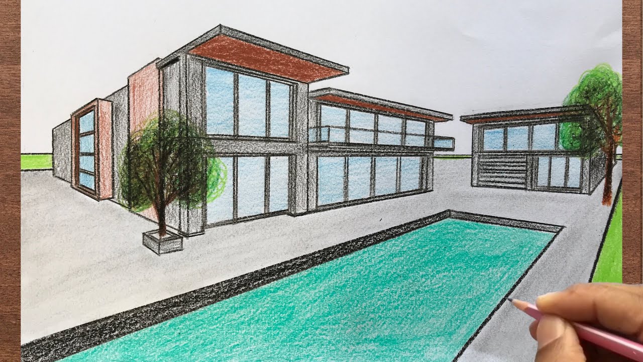 town coastal scenery, animated art sketch, modern hotel exterior