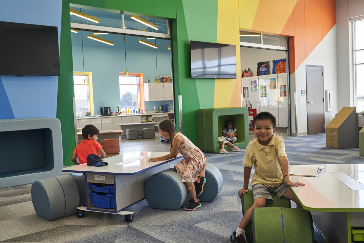 children interacting modern classroom