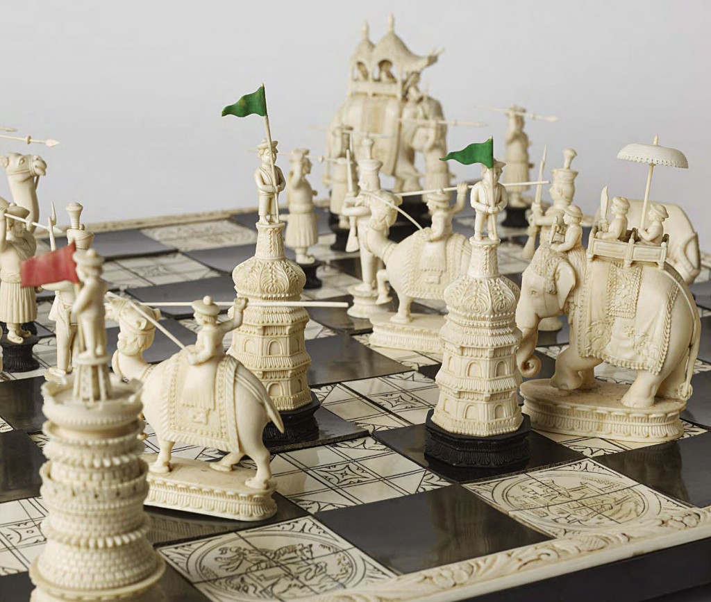 chess pieces on board with cultural elements