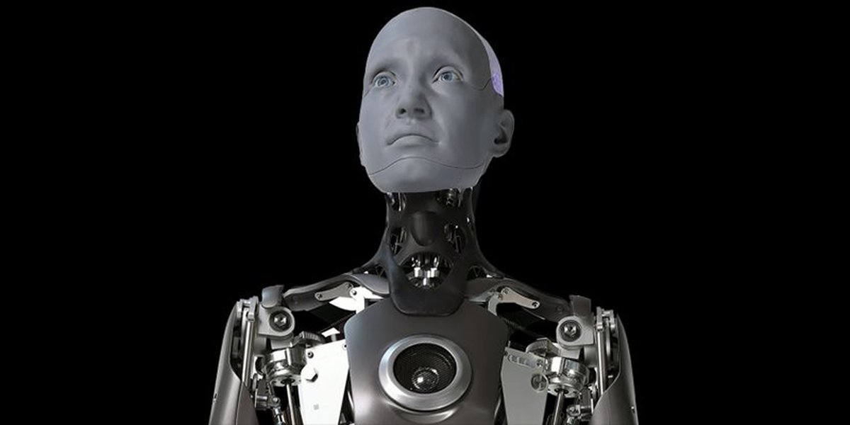 A realistic humanoid robot head with detailed facial features.