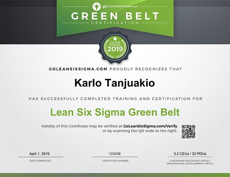 Example of a Lean Six Sigma Green Belt Certificate