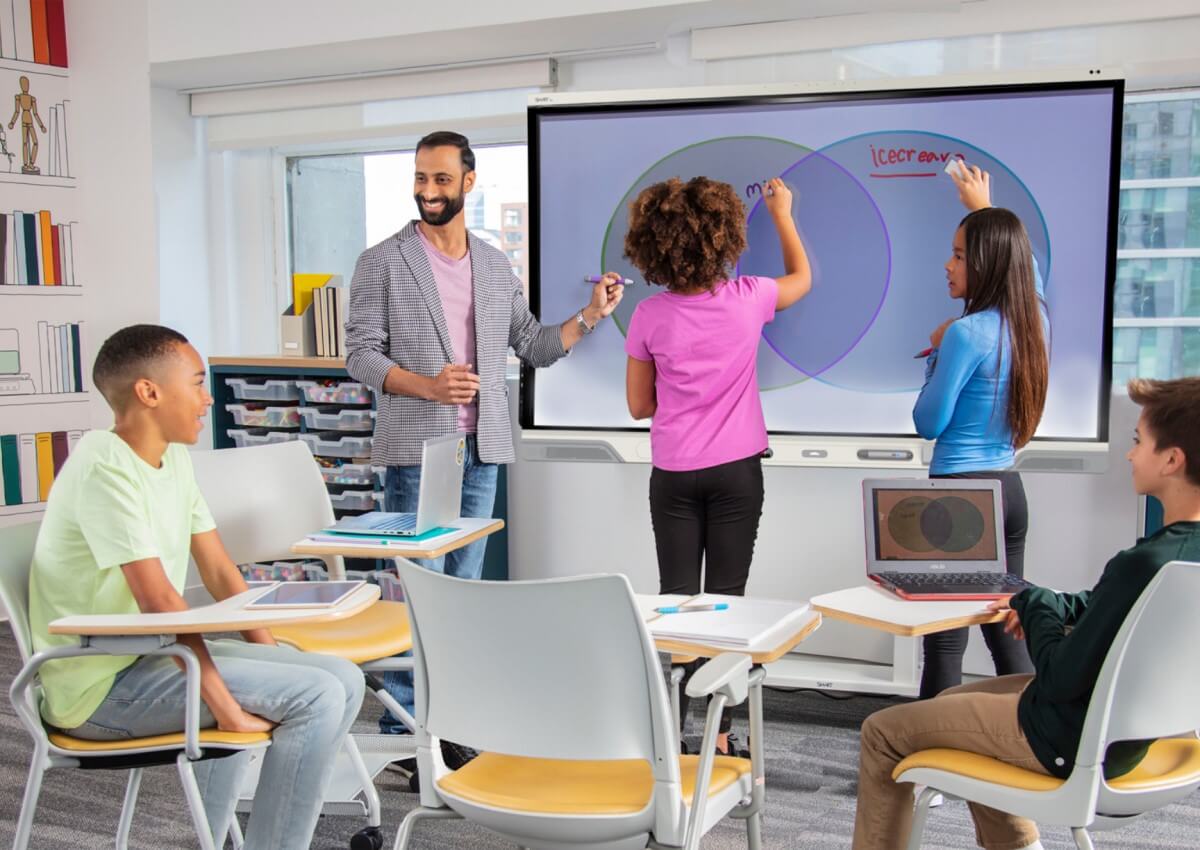 modern classroom environment with students collaborating