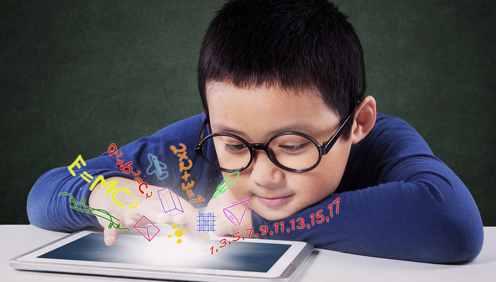 students solving math problems with digital tools