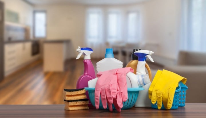 professional cleaning equipment and tidy home interior