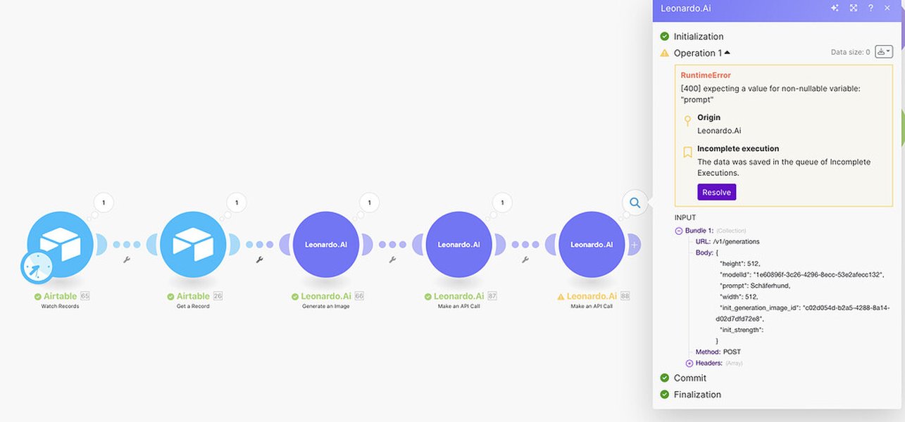 Example of API integration workflow with Make.com