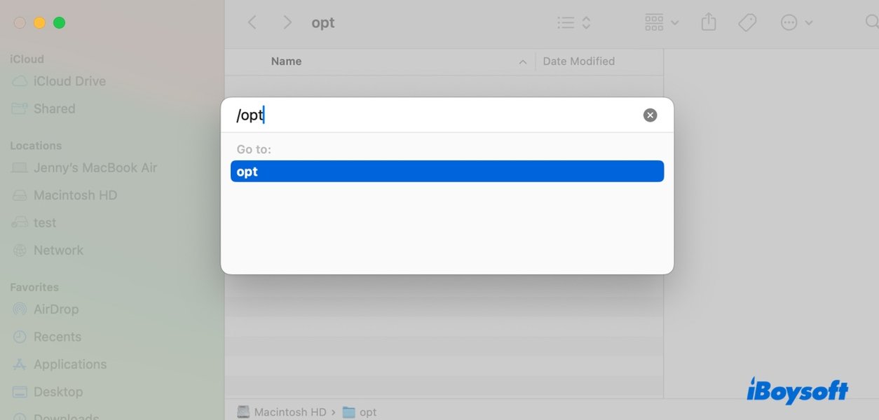 Accessing the opt folder using Finder's Go to Folder feature