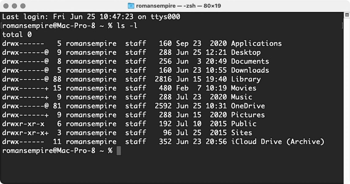 Example output of ls -l command showing detailed file information