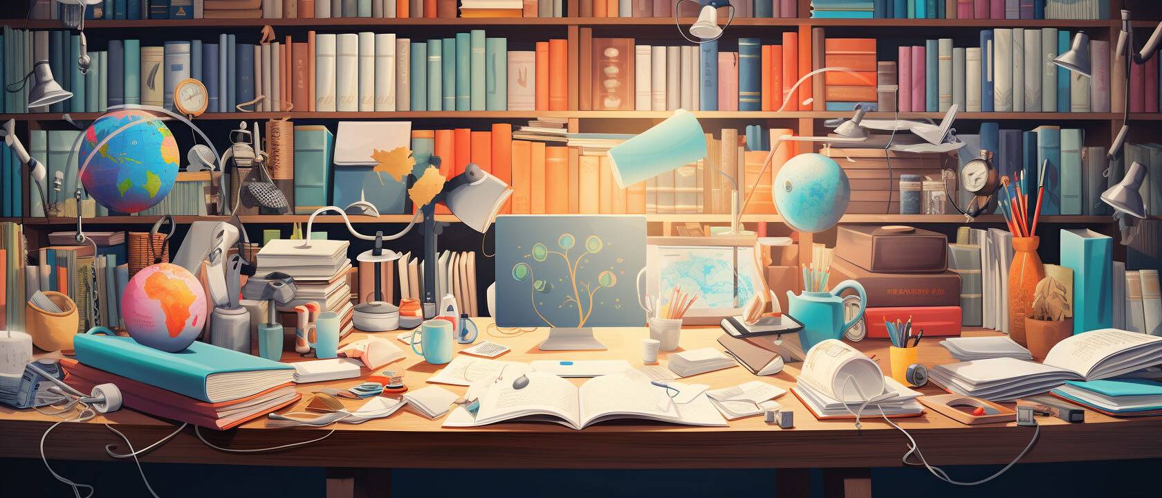 books and research materials on desk
