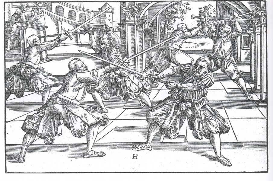 A historical illustration depicting longsword fighters engaged in a bind, likely involving winding techniques.