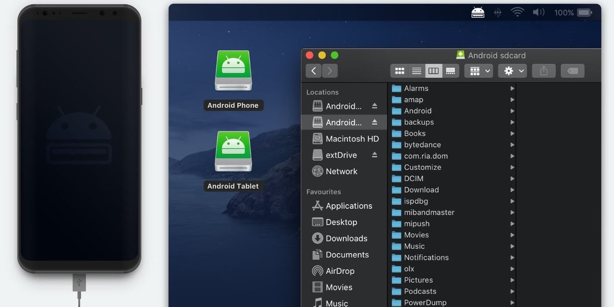 MacDroid mounting an Android phone as a drive in macOS Finder