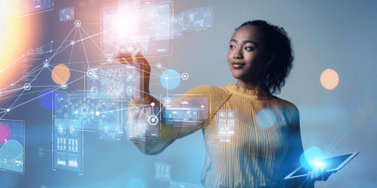 A stylized illustration of a robot arm interacting with a human hand over a data graph, symbolizing AI's impact on the workplace.