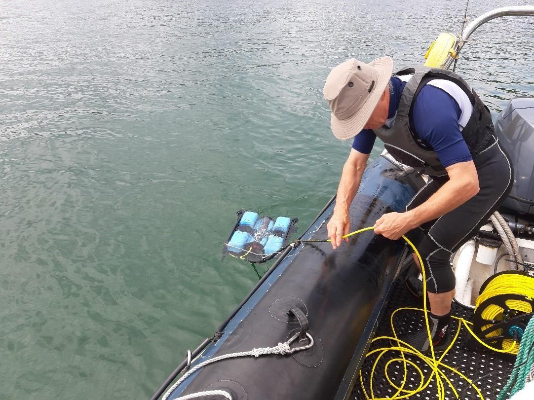 small island coastal scenery and marine monitoring equipment
