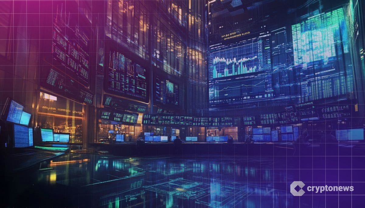 stock market ticker and cityscape