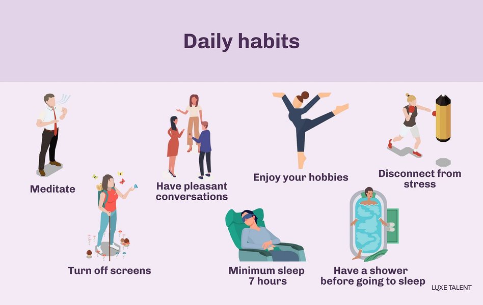 Collage of healthy lifestyle choices: exercise, nutritious food, water, sleep.
