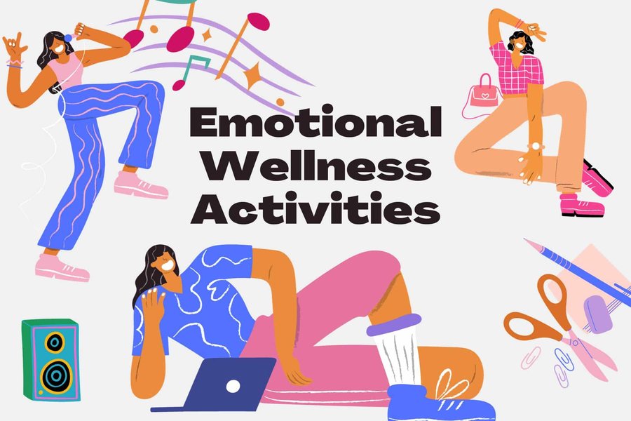 Illustration of diverse people engaging in various emotional wellness activities like yoga, painting, and social interaction.