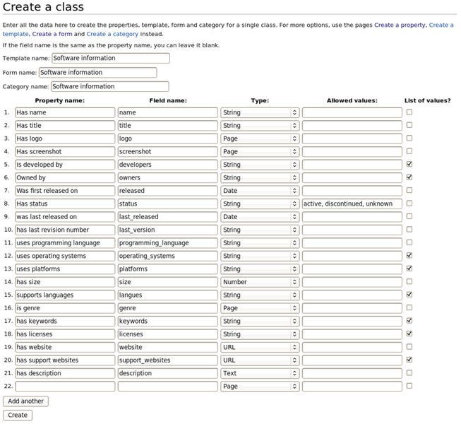 A screenshot showing the Page Forms interface for creating a new semantic class.