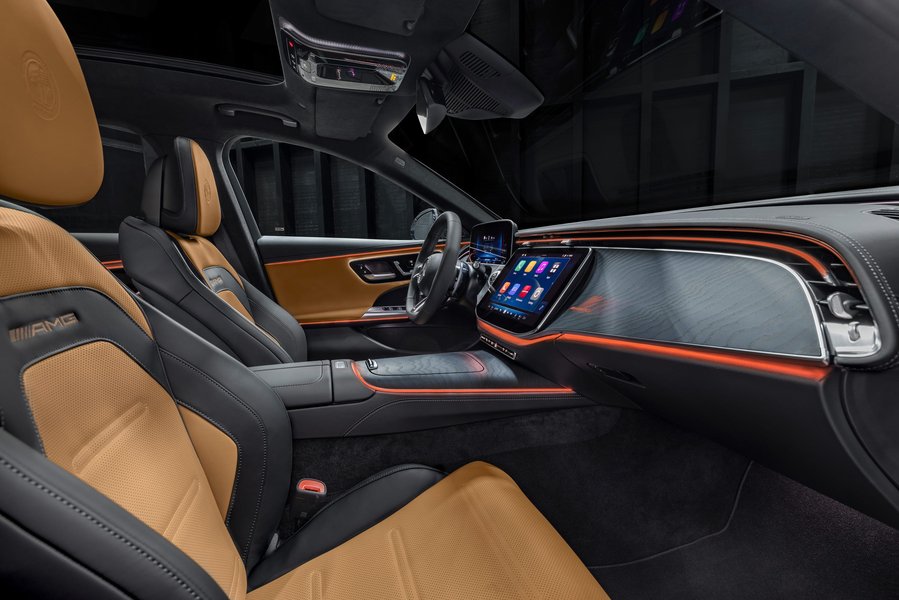 The innovative MBUX Superscreen in the 2026 Mercedes-AMG E53 Hybrid Wagon, showcasing its multiple integrated displays.