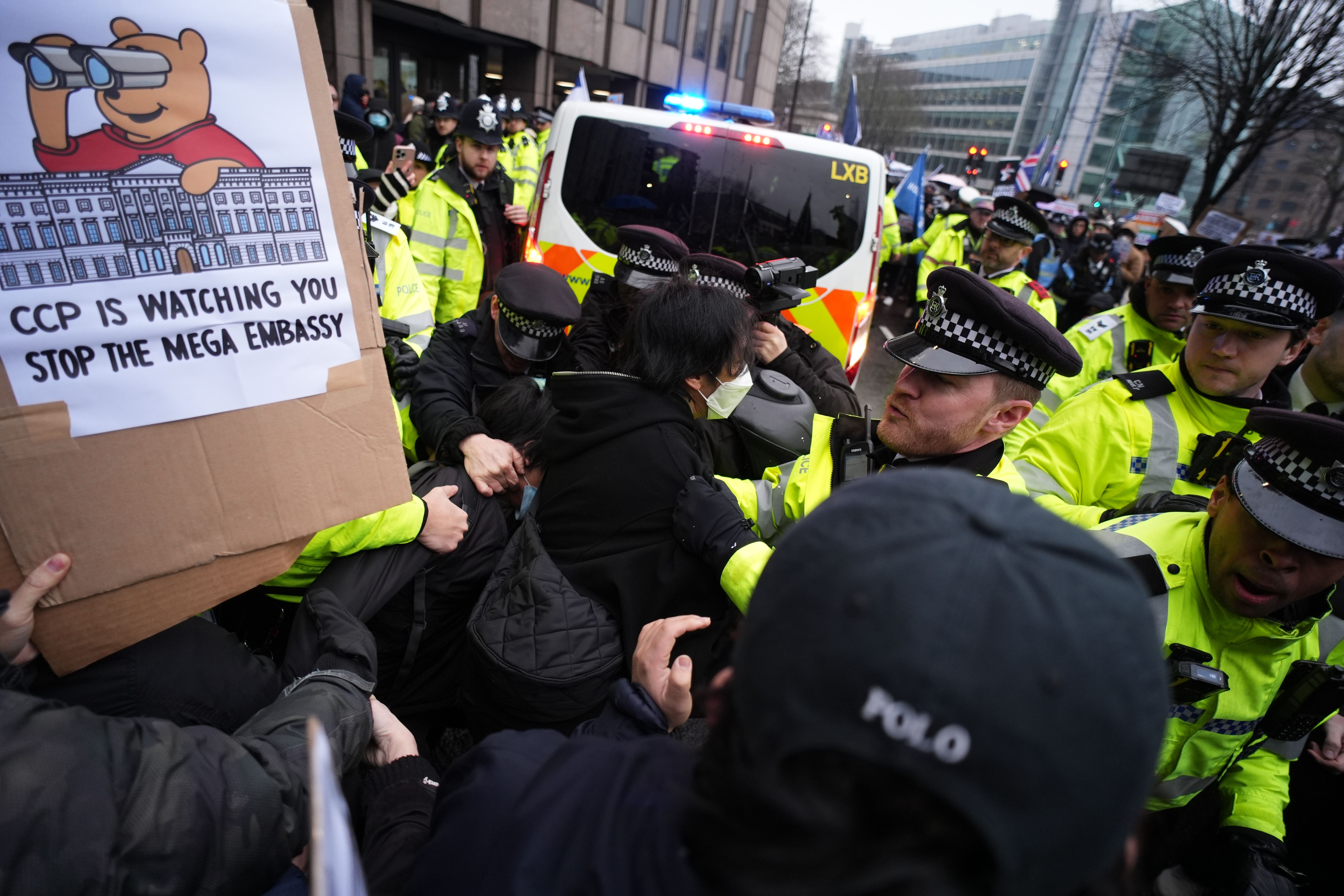 London protest crowd and police maintaining order