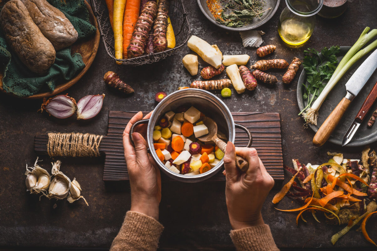 rustic kitchen ingredients and cooking